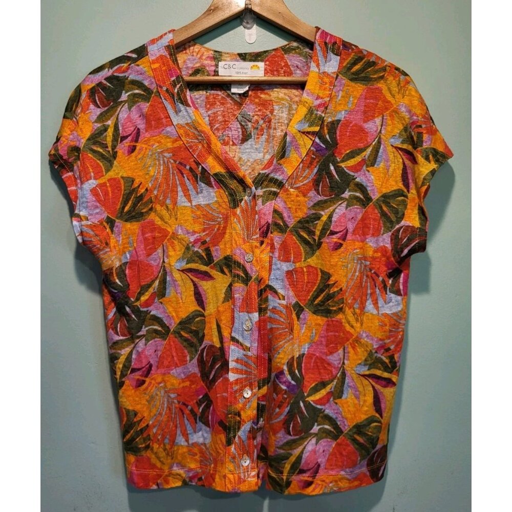 Colorful Tropical 100% Linen Knit Button Up Cap Sleeve Top Sz L